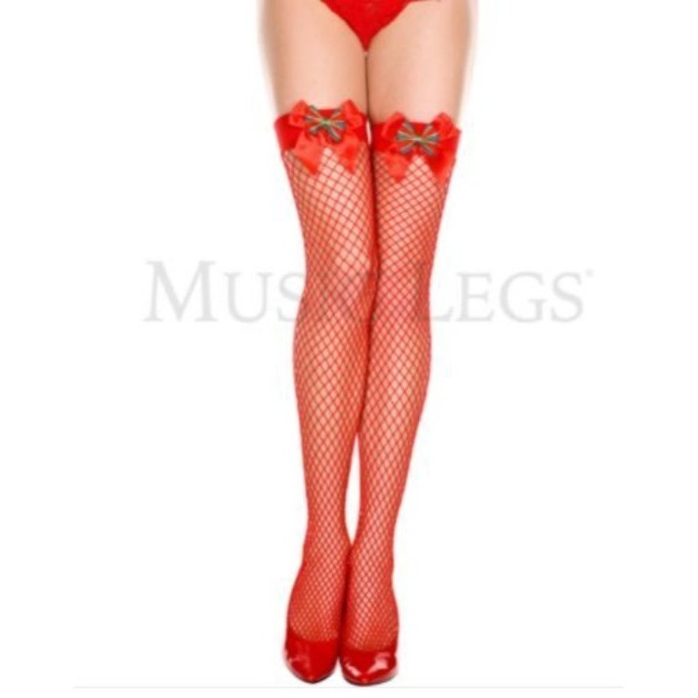 𝅺CHRISTMAS Stockings - Garland and satin bow spandex diamond net thigh hi